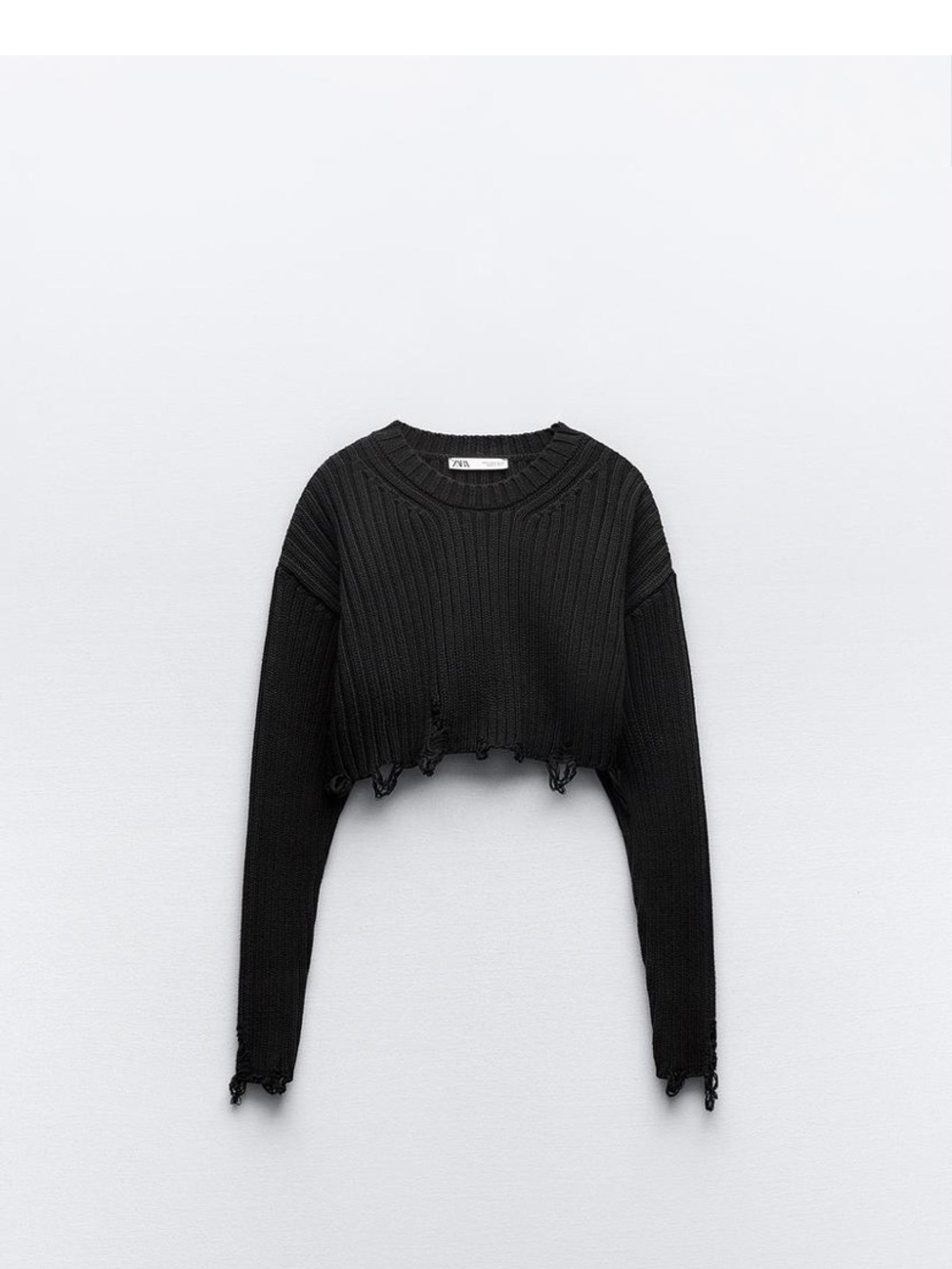 Zara Black Distressed Cropped Knit Sweater
